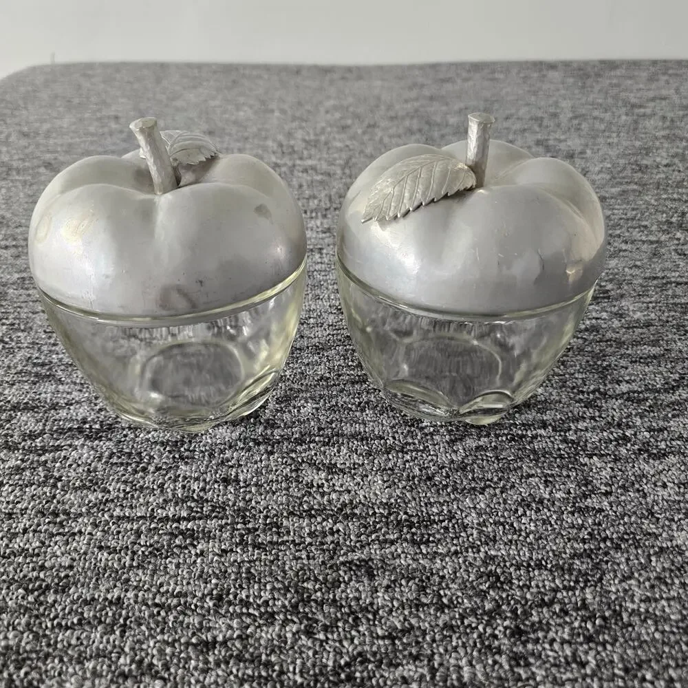 2 Decorative Glass & Pewter Apple Jars & 1 Solid Pewter Trinket Box Leaf Stems